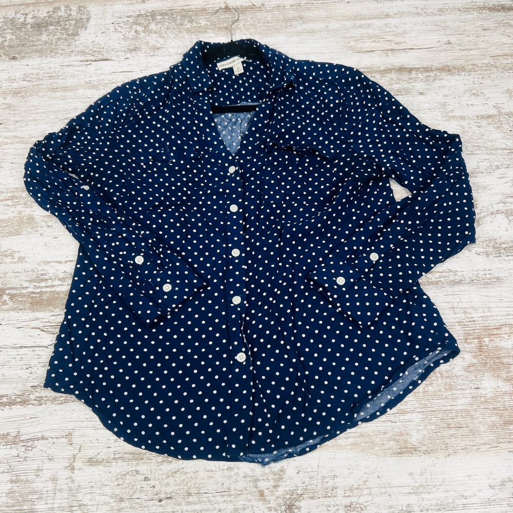 Alexander Jordan Womens M Navy Blue White Polka Dot Button Up Rayon Blouse